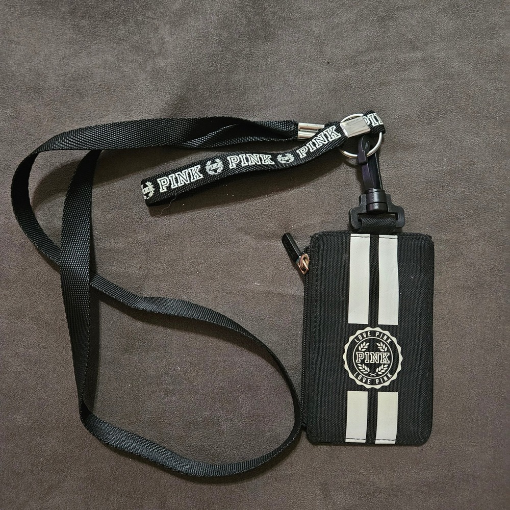 Victorias Secret PINK Lanyard ID Badge Holder Wallet Black White Logo Stripe